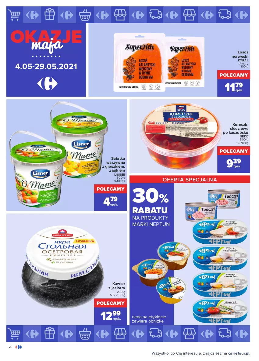 Gazetka promocyjna Carrefour - Gazetka Okazje Maja - ważna 03.05 do 29.05.2021 - strona 4 - produkty: Kawior, Koreczki śledziowe, Lisner, Sałat, Sałatka, Sałatka warzywna, SEKO