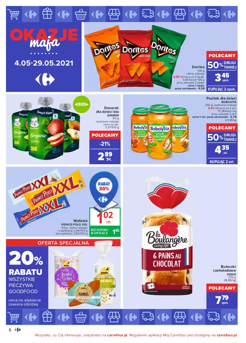 Gazetka promocyjna Carrefour - Gazetka Okazje Maja - ważna 03.05 do 29.05.2021 - strona 8 - produkty: BoboVita, Bułeczki, Deser, Dzieci, Gerber, Kosz, Piec, Prince Polo, Ser, Serek, Wafelek