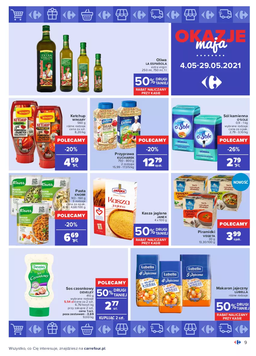 Gazetka promocyjna Carrefour - Gazetka Okazje Maja - ważna 03.05 do 29.05.2021 - strona 9 - produkty: Bell, Bella, Gin, Kasza, Kasza jaglana, Ketchup, Knorr, Kosz, Kucharek, LANA, Lubella, Makaron, Sól, Sos, Sos czosnkowy, Vegeta, Winiary