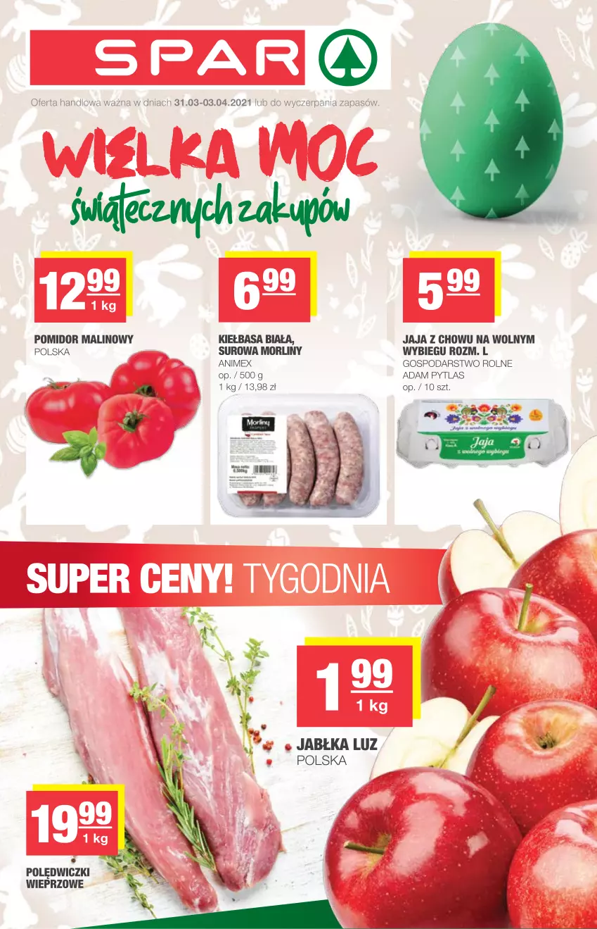 Gazetka promocyjna Spar - Eurospar - ważna 31.03 do 03.04.2021 - strona 1 - produkty: Jabłka, Jaja, Kiełbasa, Kiełbasa biała, Morliny, Pomidor malinowy