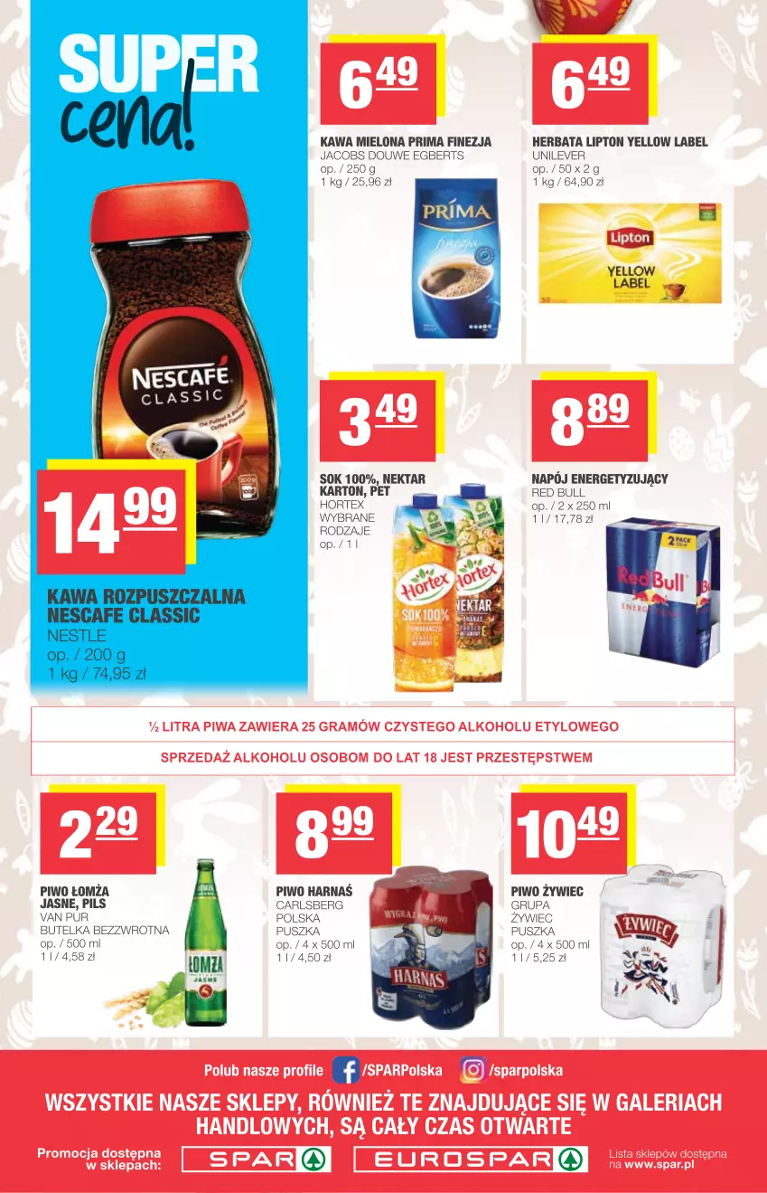 Gazetka promocyjna Spar - Eurospar - ważna 31.03 do 03.04.2021 - strona 6 - produkty: Carlsberg, Harnaś, Herbata, Hortex, Jacobs, Kawa, Kawa mielona, Lipton, Napój, Nektar, Piwo, Prima, Pur, Red Bull, Sok