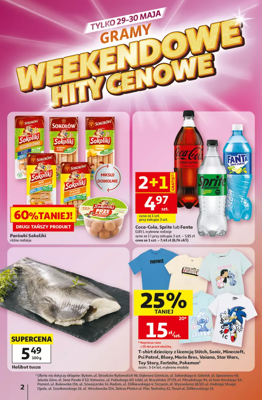 Gazetka promocyjna Auchan - 30 Lat Hipermarket - ważna 28.05 do 03.06.2026 - strona 2 - produkty: Acer, Cars, Coca-Cola, Dzieci, Fa, Fanta, Halibut, Minecraft, Parówki, Parówki sokoliki, Psi Patrol, Sok, Sos, Sprite, Star Wars, T-shirt, Tusz