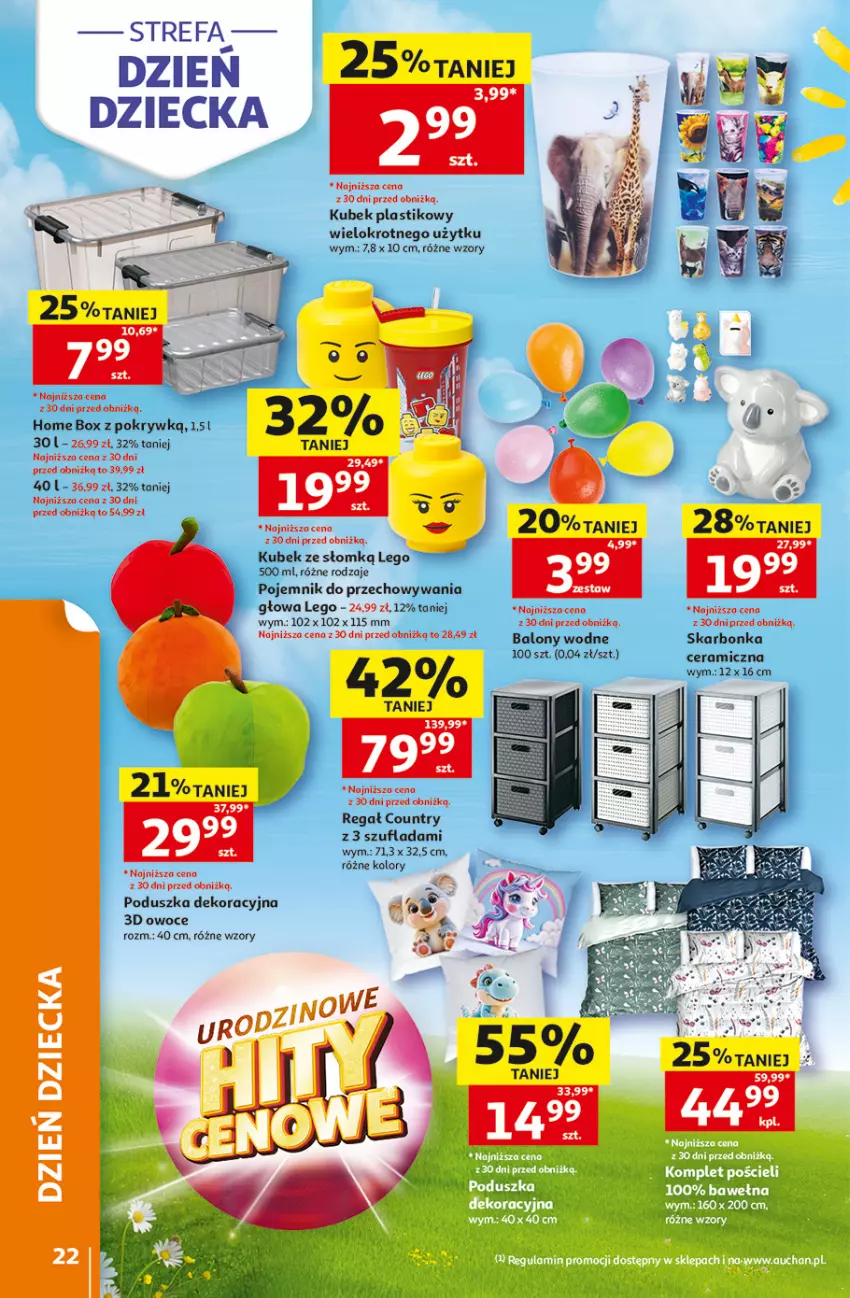 Gazetka promocyjna Auchan - 30 Lat Hipermarket - ważna 28.05 do 03.06.2026 - strona 22 - produkty: Balony, Fa, Kubek, LEGO, Owoce, Poduszka, Poduszka dekoracyjna, Pojemnik, Pojemnik do przechowywania, Regał