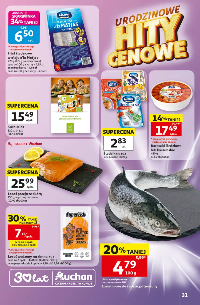 Gazetka promocyjna Auchan - 30 Lat Hipermarket - ważna 28.05 do 03.06.2026 - strona 31 - produkty: Koreczki śledziowe, Matjas, Olej, Por, Sushi