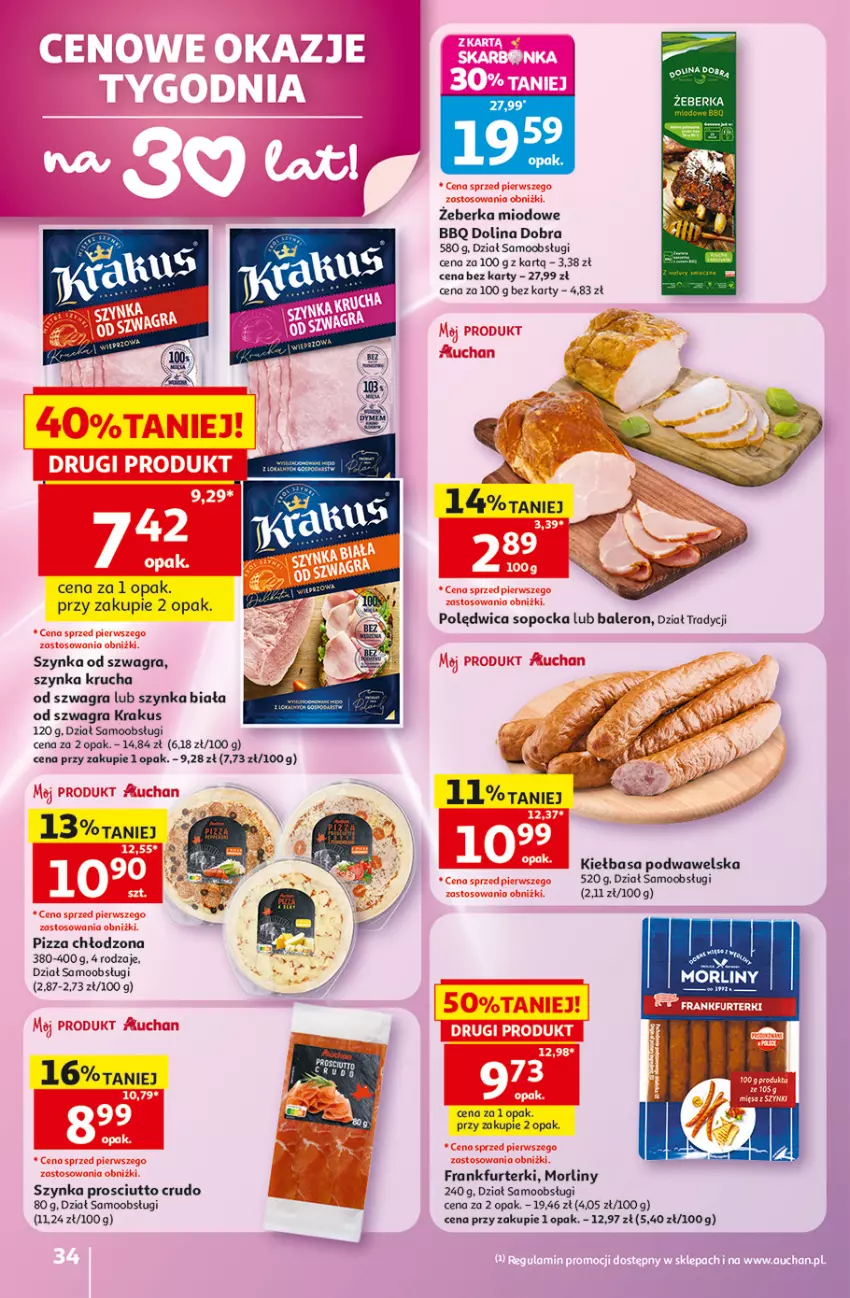 Gazetka promocyjna Auchan - 30 Lat Hipermarket - ważna 28.05 do 03.06.2026 - strona 34 - produkty: Frankfurterki, Gra, Kiełbasa, Kiełbasa podwawelska, Krakus, Morliny, Pizza, Prosciutto, Szynka, Szynka biała, Wawel