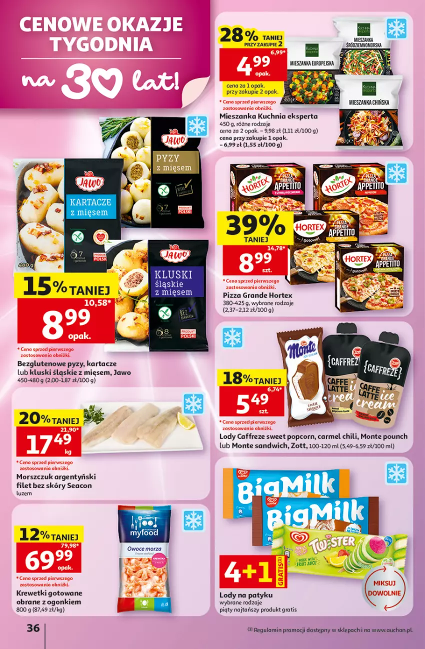 Gazetka promocyjna Auchan - 30 Lat Hipermarket - ważna 28.05 do 03.06.2026 - strona 36 - produkty: Gra, Hortex, Krewetki, Kuchnia, Lody, Monte, Owoce, Owoce morza, Pizza, Popcorn, Zott