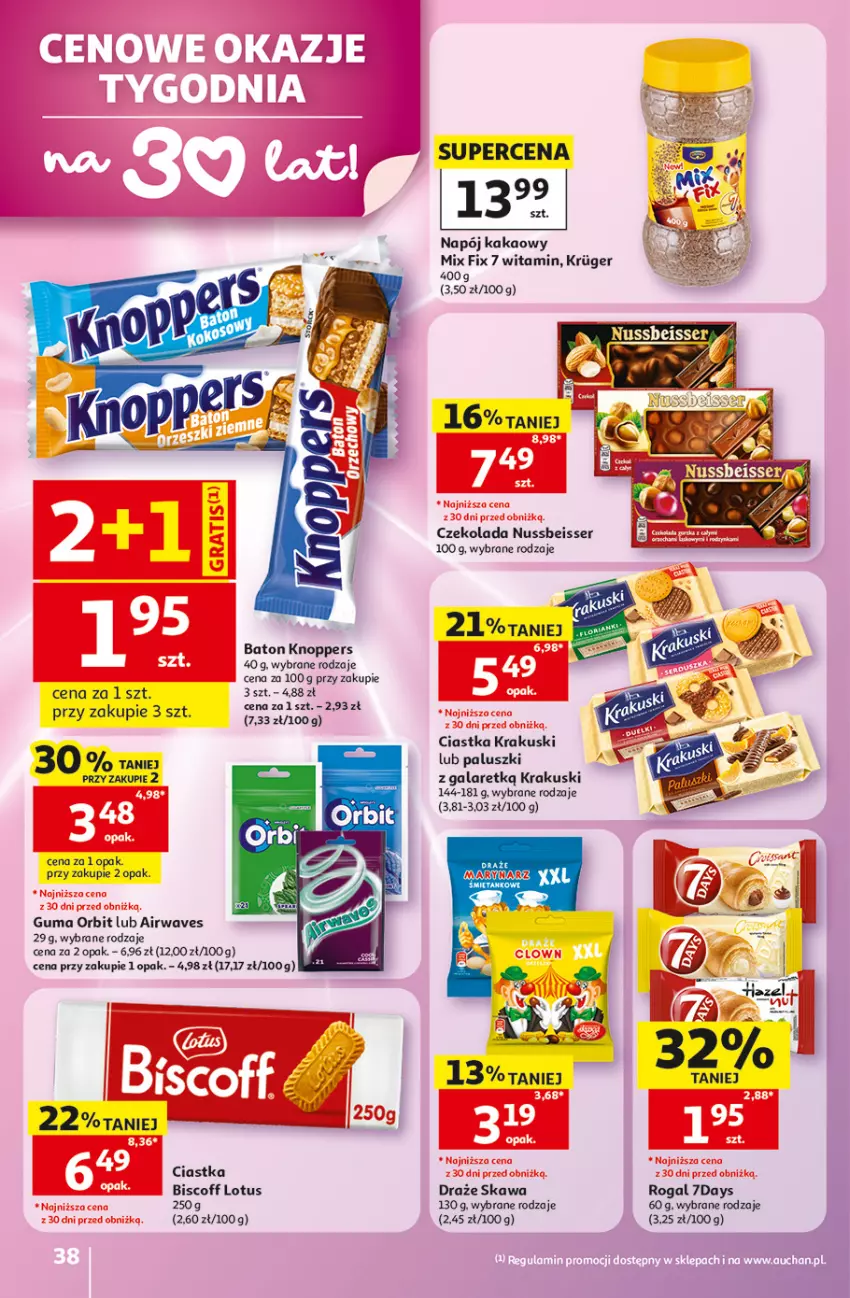Gazetka promocyjna Auchan - 30 Lat Hipermarket - ważna 28.05 do 03.06.2026 - strona 38 - produkty: Baton, Ciastka, Czekolada, Gala, Kakao, Kawa, Knoppers, Krakus, Krakuski, Napój, Orbit, Rogal, Ser
