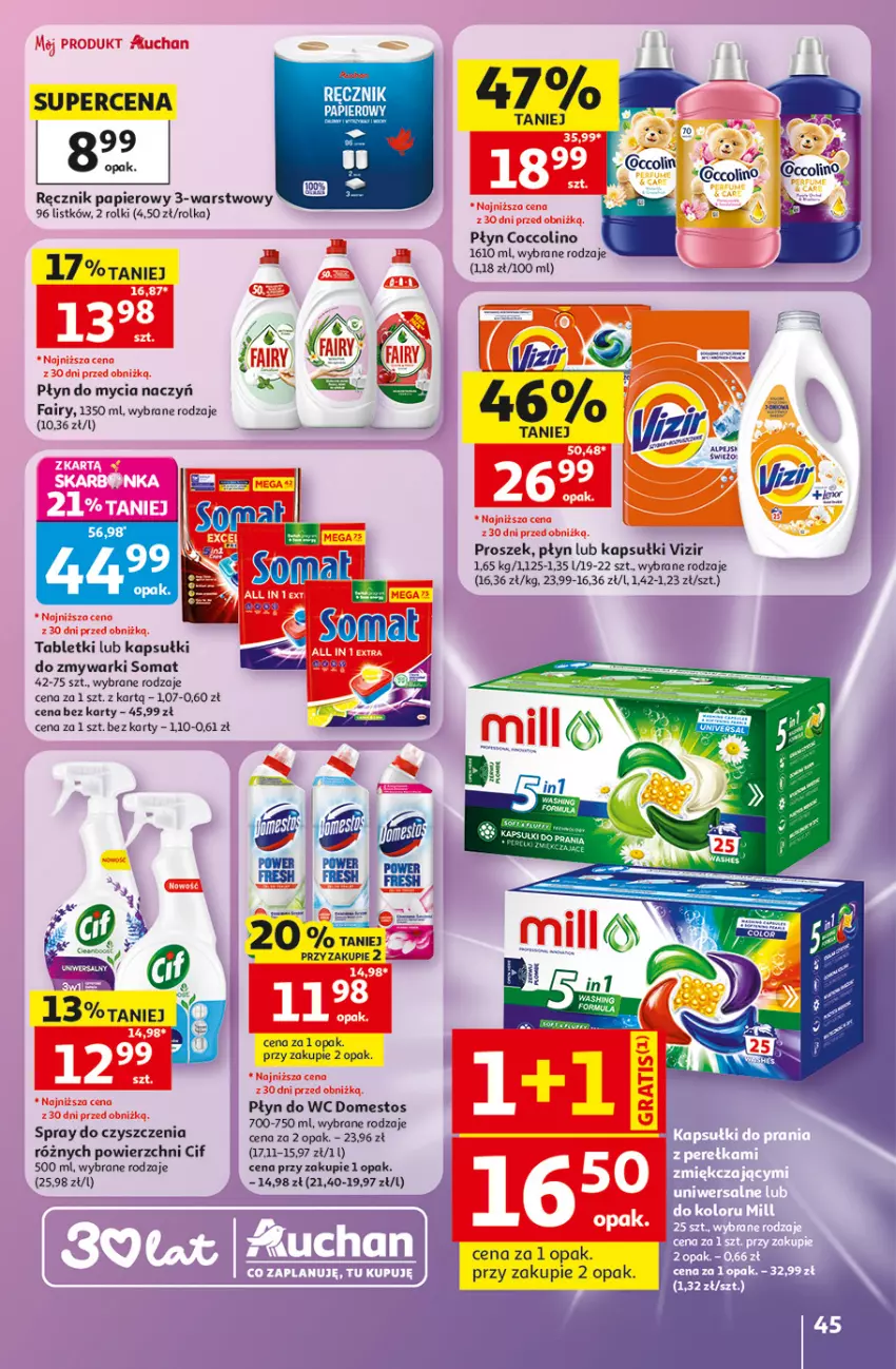 Gazetka promocyjna Auchan - 30 Lat Hipermarket - ważna 28.05 do 03.06.2026 - strona 45 - produkty: Cif, Coccolino, Do mycia naczyń, Domestos, Fa, Fairy, Papier, Płyn do mycia, Płyn do mycia naczyń, Płyn do wc, Ręcznik, Rolki, Somat, Spray do czyszczenia, Tablet, Vizir, Zmywarki