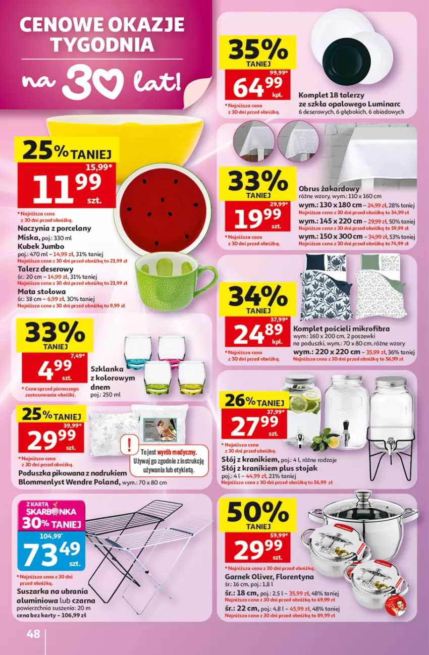 Gazetka promocyjna Auchan - 30 Lat Hipermarket - ważna 28.05 do 03.06.2026 - strona 48 - produkty: Deser, Garnek, Komplet pościeli, Kubek, Miska, Poduszka, Por, Pościel, Ser, Stojak, Suszarka, Talerz, Talerz deserowy, Ubrania