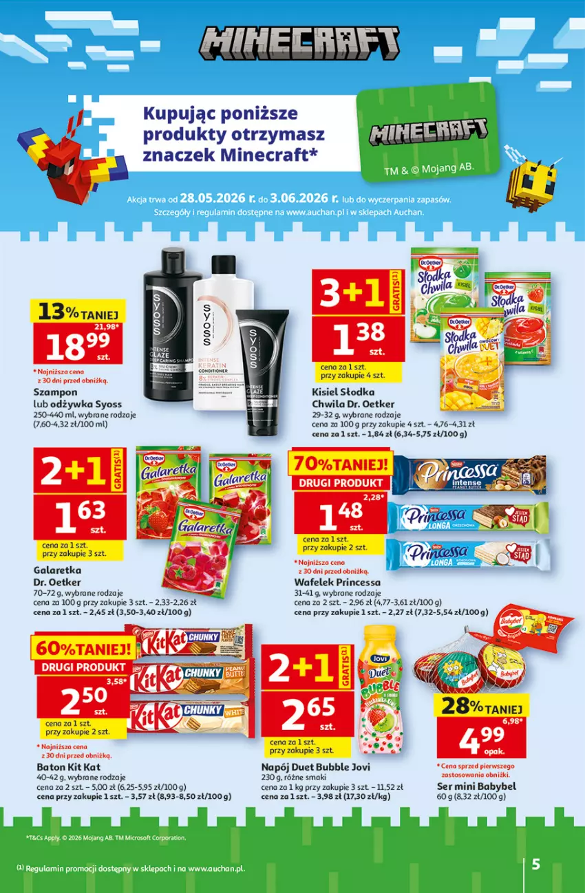 Gazetka promocyjna Auchan - 30 Lat Hipermarket - ważna 28.05 do 03.06.2026 - strona 5 - produkty: Baton, Dr. Oetker, Gala, Galaretka, Kisiel, Kit Kat, Minecraft, Napój, Odżywka, Por, Princessa, Ser, Syoss, Szampon, Wafelek