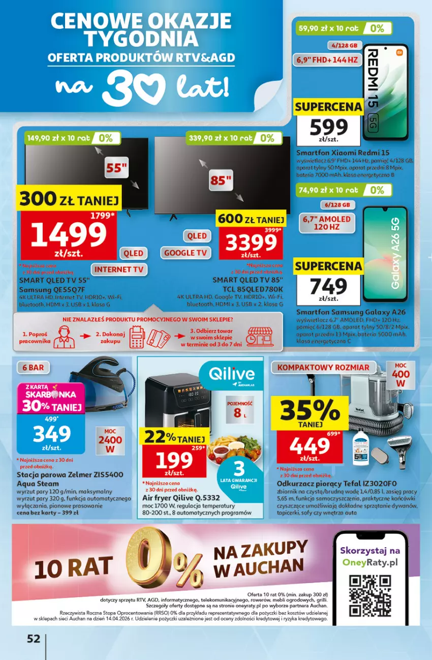 Gazetka promocyjna Auchan - 30 Lat Hipermarket - ważna 28.05 do 03.06.2026 - strona 52 - produkty: Amol, Dywan, Fa, Gala, Gra, Grill, Kosz, LED TV, Odkurzacz, Rower, Samsung, Ser, Smartfon, Sprzątanie, Tefal, Top, Zelmer