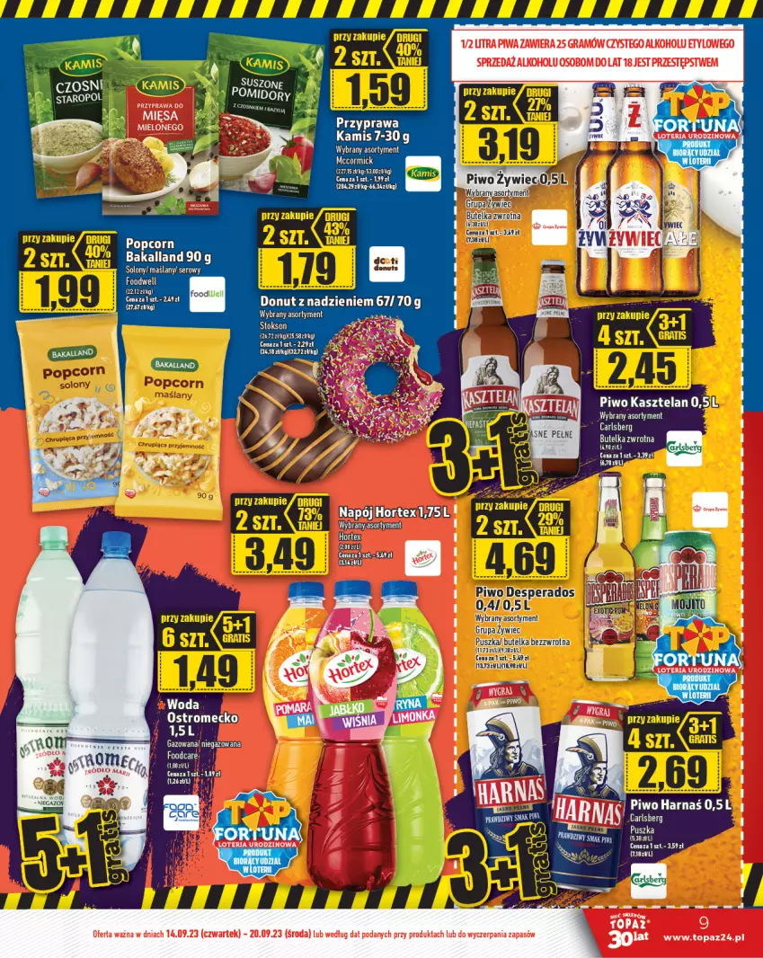 Gazetka promocyjna Topaz - Gazetka - ważna 14.09 do 20.09.2023 - strona 9 - produkty: Desperados, Feta, Gra, Harnaś, Hortex, Kasztelan, Lack, Napój, Piwa, Piwo, Top, Woda