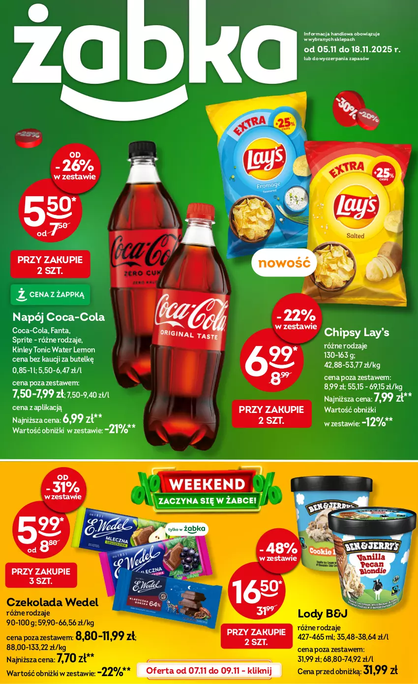 Gazetka promocyjna Żabka - ważna 05.11 do 18.11.2025 - strona 1 - produkty: Chipsy, Coca-Cola, Czekolada, Fa, Fanta, Lay’s, Lody, Napój, Sprite
