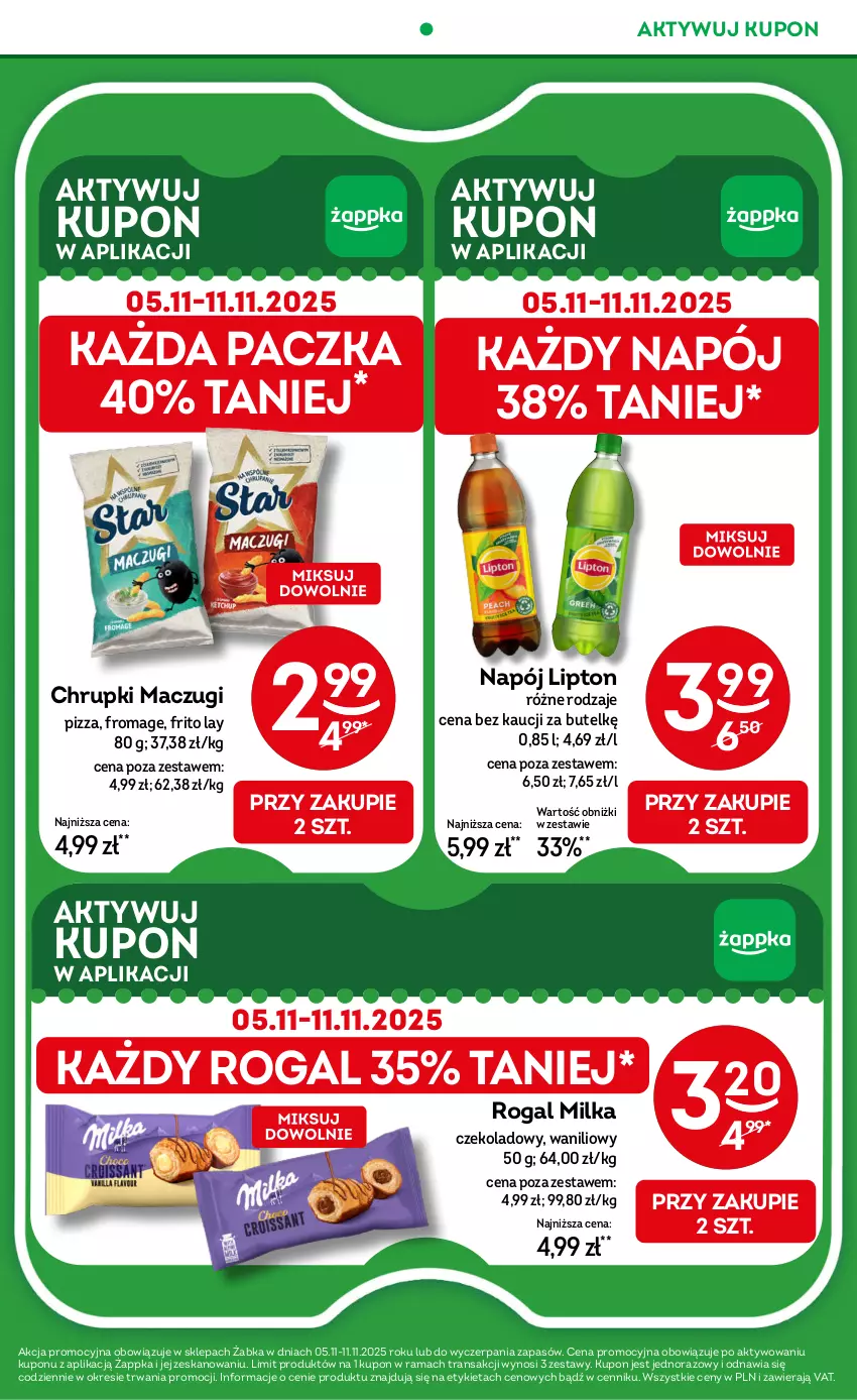 Gazetka promocyjna Żabka - ważna 05.11 do 18.11.2025 - strona 21 - produkty: Chrupki, Lipton, Milka, Napój, Pizza, Rama, Rogal, Tran