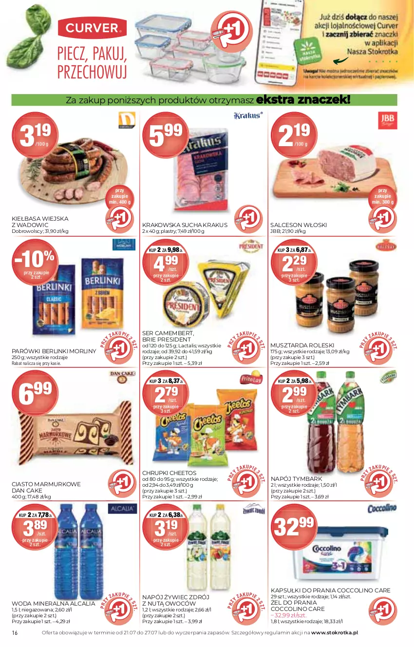 Gazetka promocyjna Stokrotka - Supermarket - ważna 21.07 do 27.07.2022 - strona 16 - produkty: Berlinki, Brie, Camembert, Cheetos, Chrupki, Coccolino, Dan Cake, Kapsułki do prania, Kiełbasa, Kiełbasa wiejska, Krakus, Morliny, Mus, Musztarda, Napój, Parówki, Salceson, Ser, Tymbark, Woda, Woda mineralna