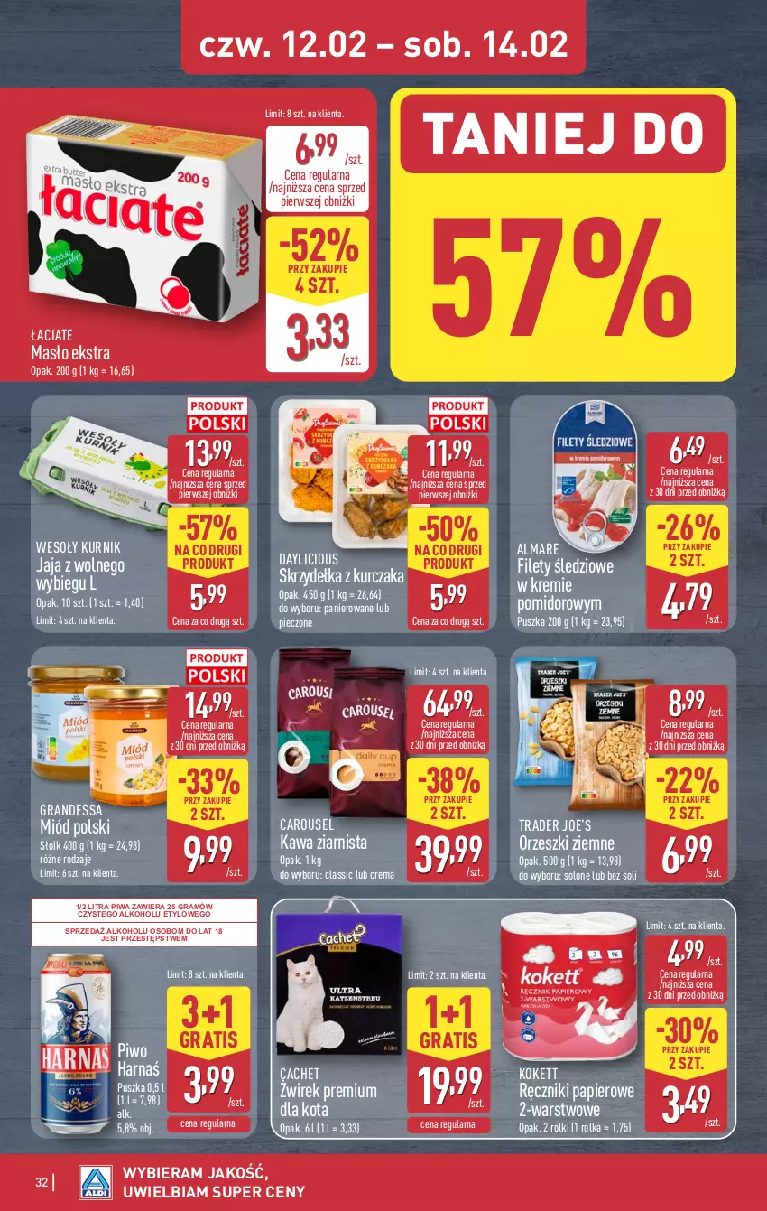 Gazetka promocyjna Aldi - Pełna oferta - ważna 09.02 do 14.02.2026 - strona 32 - produkty: Gra, Harnaś, Jaja, Jaja z wolnego wybiegu, Kawa, Kawa ziarnista, Kurczak, Masło, Miód, Orzeszki, Orzeszki ziemne, Papier, Piec, Piwa, Piwo, Ręcznik, Ręczniki papierowe, Rolki, Skrzydełka z kurczaka