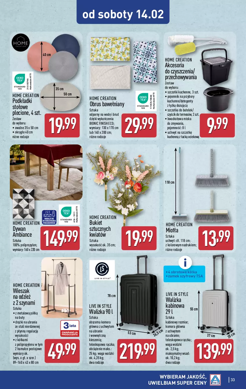 Gazetka promocyjna Aldi - Pełna oferta - ważna 09.02 do 14.02.2026 - strona 33 - produkty: Bukiet, Buty, Dywan, Finish, Miotła, Miska, Obrus, Podkład, Pojemnik, Pojemnik na przybory, Por, Przybory kuchenne, Sok, Szczotka, Szyna, Teleskop, Termos, Ubrania, Waga, Walizka, Wieszak
