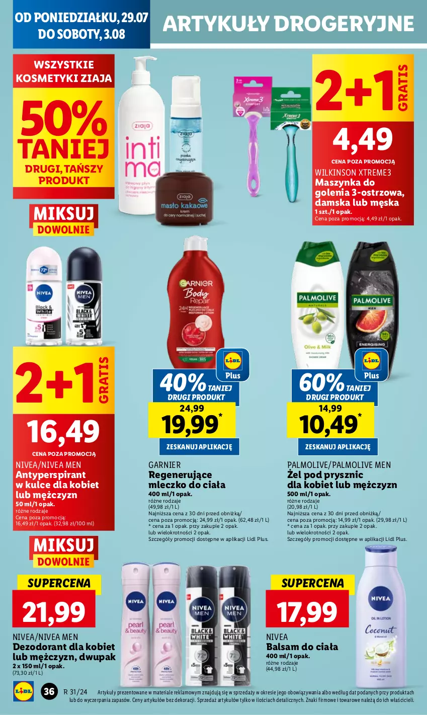 Gazetka promocyjna Lidl - GAZETKA - ważna 29.07 do 31.07.2024 - strona 42 - produkty: Antyperspirant, Balsam do ciała, Dezodorant, Garnier, Gra, Maszynka, Maszynka do golenia, Mleczko, Mleczko do ciała, Nivea, Nivea Men, Palmolive, Szynka, Ziaja