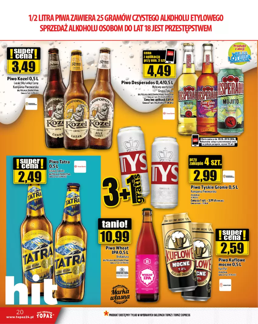 Gazetka promocyjna Topaz - Gazetka - ważna 03.10 do 09.10.2024 - strona 20 - produkty: Desperados, Fa, Kozel, Piwo, Pur, Top, Tyskie