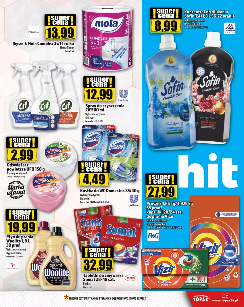 Gazetka promocyjna Topaz - Gazetka - ważna 03.10 do 09.10.2024 - strona 25 - produkty: Cif, Domestos, Kostka do wc, Mola, Płyn do prania, Ręcznik, Somat, Spray do czyszczenia, Tablet, Tabletki do zmywarki, Top, Woolite, Zmywarki