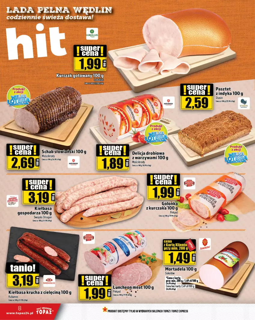 Gazetka promocyjna Topaz - Gazetka - ważna 03.10 do 09.10.2024 - strona 8 - produkty: Kabanos, Kiełbasa, Kiełbasa krucha, Kurczak, Pekpol, Sok, Sokołów, Top, Warzywa