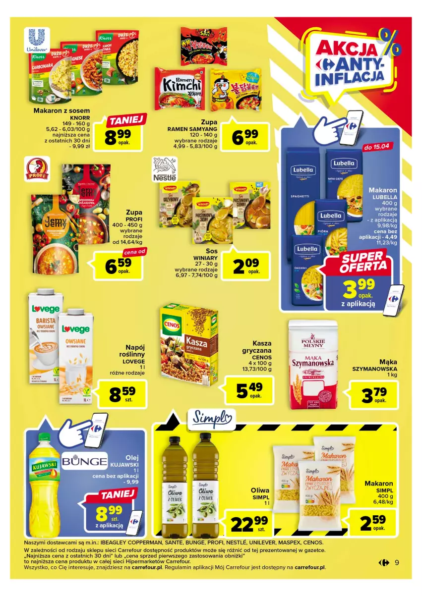 Gazetka promocyjna Carrefour - Gazetka Carrefour - ważna 11.04 do 22.04.2023 - strona 11 - produkty: Bell, Bella, Cenos, Gry, Kasza, Kasza gryczana, Knorr, Lubella, Mąka, Makaron, Makaron z sosem, Napój, Olej, Polskie Młyny, Sante, Sos, Spaghetti, Winiary, Zupa