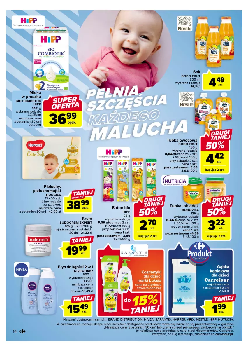 Gazetka promocyjna Carrefour - Gazetka Carrefour - ważna 11.04 do 22.04.2023 - strona 16 - produkty: Baton, Dzieci, HiPP, Huggies, Kosz, Luksja, Majtki, Mleko, Nivea, Nivea Baby, O nas, Pieluchomajtki, Pieluchy, Płyn do kąpieli, Sok, Tran, Zupa