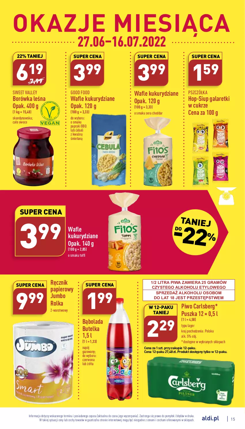 Gazetka promocyjna Aldi - Katalog spożywczy - ważna 04.07 do 09.07.2022 - strona 15 - produkty: Borówka, Carlsberg, Cheddar, Gala, Galaretki, Gra, Napój, Napój gazowany, Owoce, Papier, Piwa, Piwo, Ręcznik, Ser, Wafle