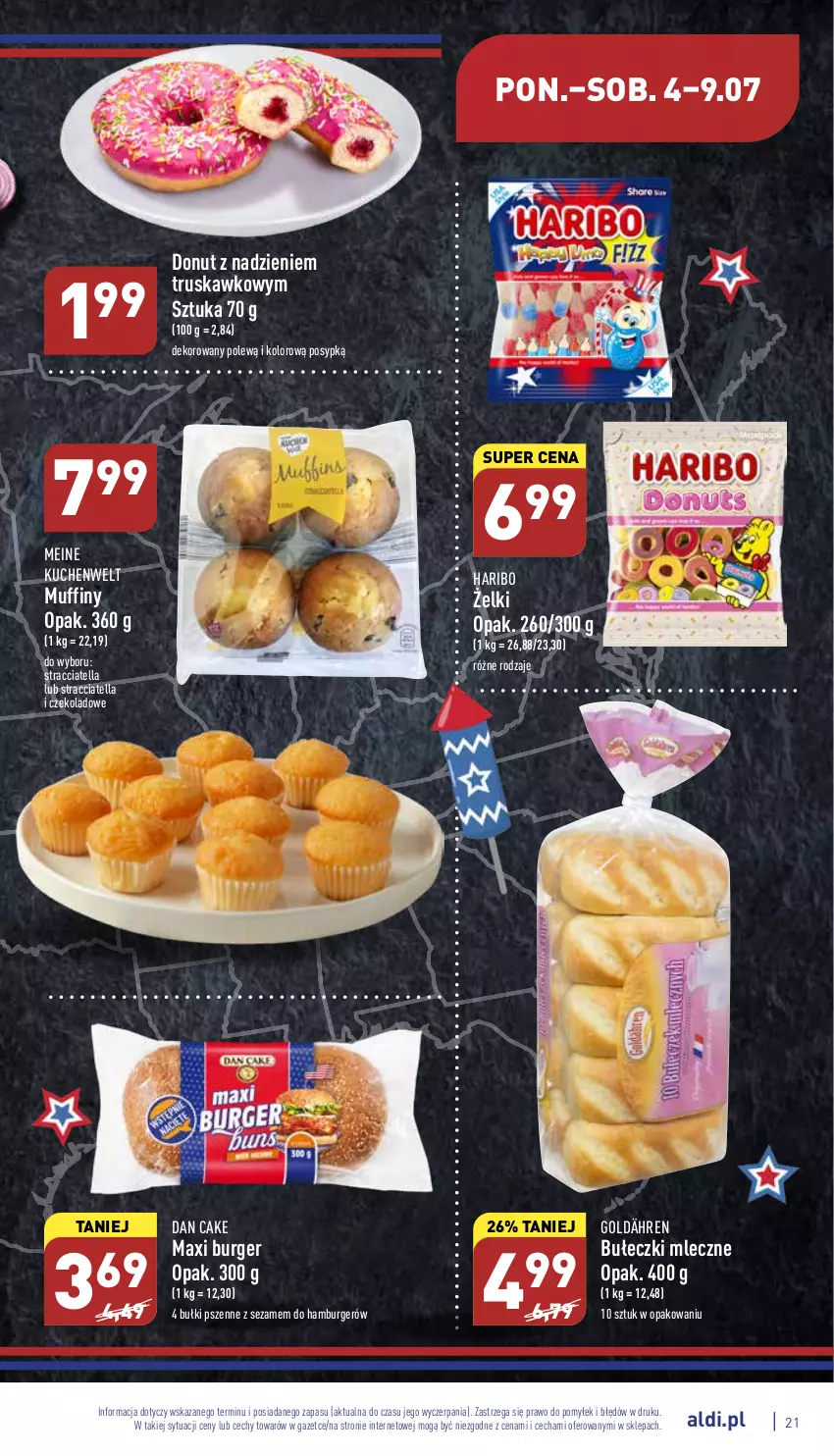 Gazetka promocyjna Aldi - Katalog spożywczy - ważna 04.07 do 09.07.2022 - strona 21 - produkty: Bułeczki, Bułeczki mleczne, Burger, Dan Cake, Donut, Hamburger, Haribo, Muffiny, Sezam