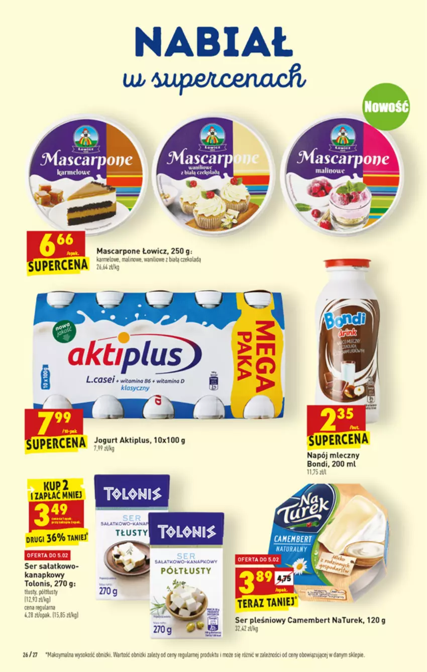 Gazetka promocyjna Biedronka - W tym tygodniu - ważna 03.02 do 09.02.2022 - strona 26 - produkty: Aktiplus, Camembert, Fa, Jogurt, Mascarpone, Napój, Napój mleczny, NaTurek, Por, Sałat, Ser, Ser pleśniowy, Sok