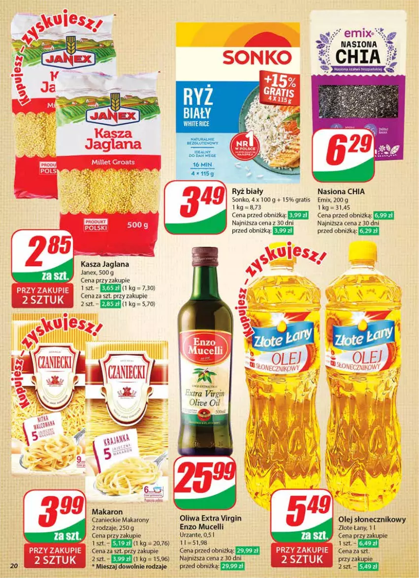 Gazetka promocyjna Dino - Gazetka 41 / 2024 - ważna 09.10 do 15.10.2024 - strona 20 - produkty: Chia, Gin, Gra, K2, Kasza, Kasza jaglana, LANA, Makaron, Olej, Olej słonecznikowy, Oliwa, Ryż, Ryż biały, Sonko