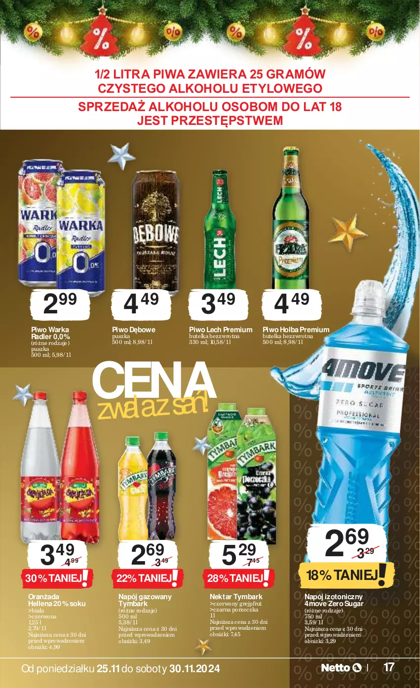 Gazetka promocyjna Netto - Od Poniedziałku - ważna 25.11 do 30.11.2024 - strona 17 - produkty: Gra, Grejpfrut, Hellena, Lech Premium, Napój, Napój gazowany, Napój izotoniczny, Nektar, Oranżada, Piwa, Piwo, Por, Radler, Sok, Tymbark, Warka