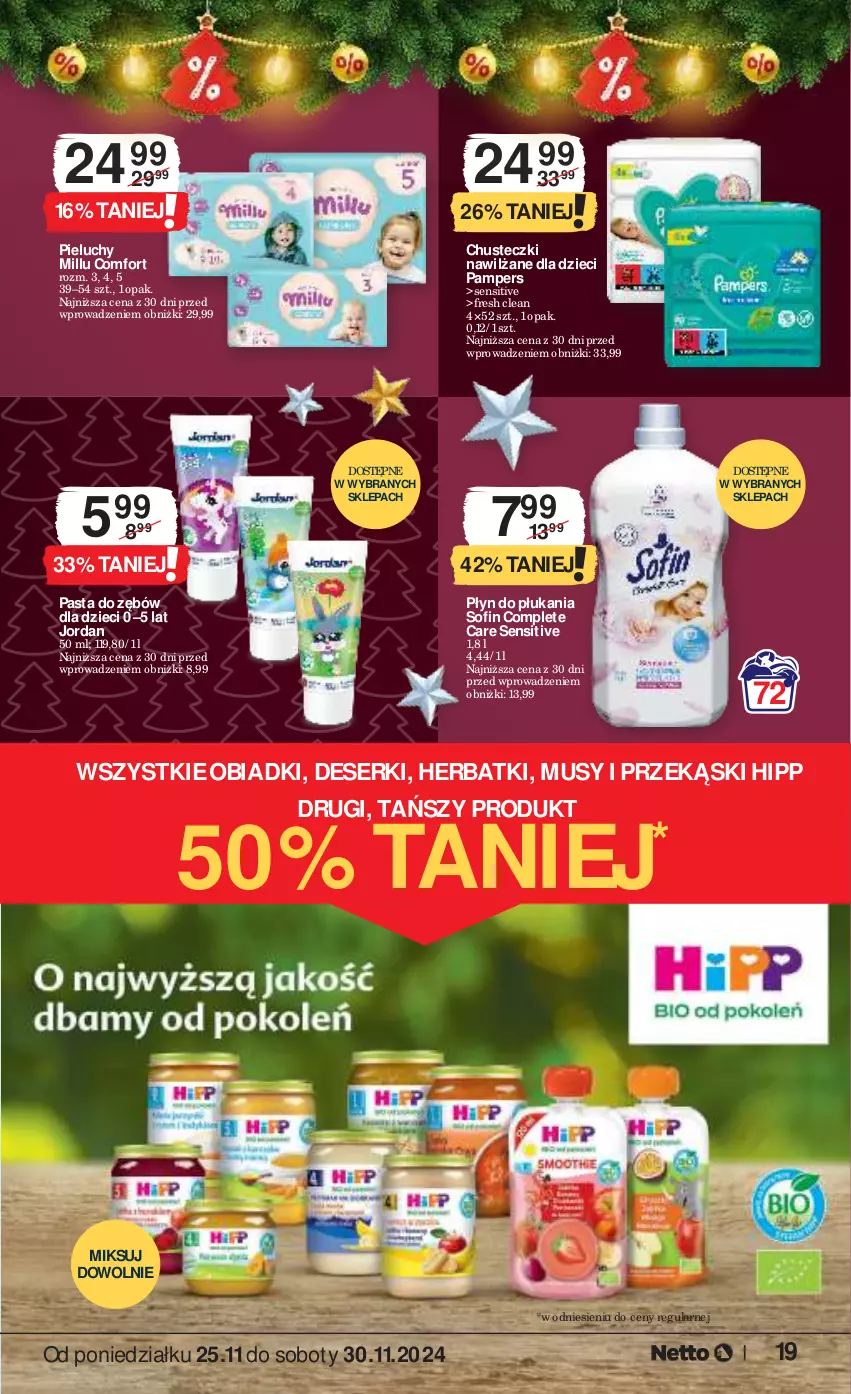 Gazetka promocyjna Netto - Od Poniedziałku - ważna 25.11 do 30.11.2024 - strona 19 - produkty: Chusteczki, Deser, Dzieci, HiPP, Mus, Pampers, Pasta do zębów, Pieluchy, Płyn do płukania, Ser