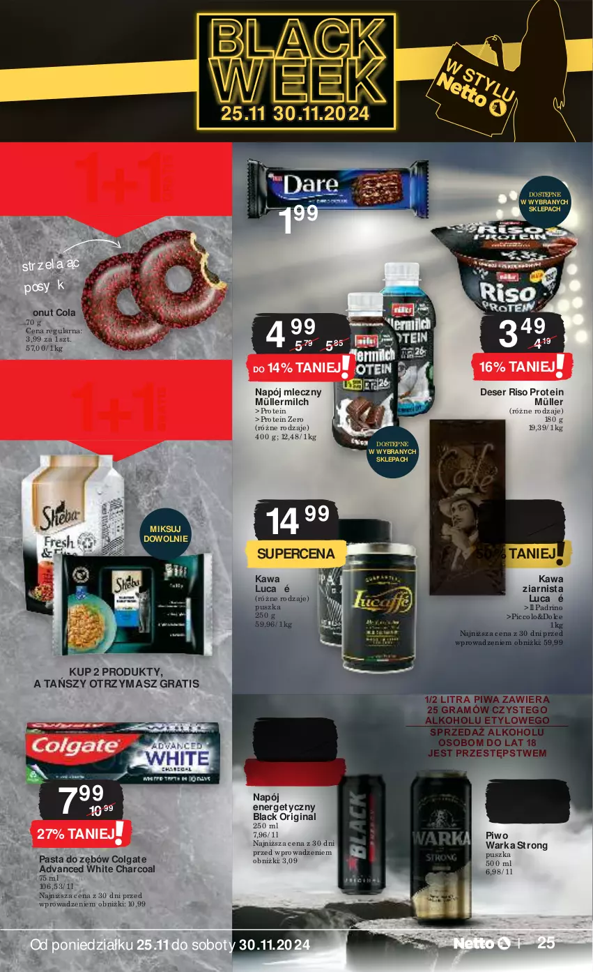 Gazetka promocyjna Netto - Od Poniedziałku - ważna 25.11 do 30.11.2024 - strona 25 - produkty: Colgate, Deser, Donut, Gin, Gra, Kawa, Kawa ziarnista, Lack, LG, Müller, Müllermilch, Napój, Napój energetyczny, Napój mleczny, Pasta do zębów, Piwa, Piwo, Ser, Sheba, Warka