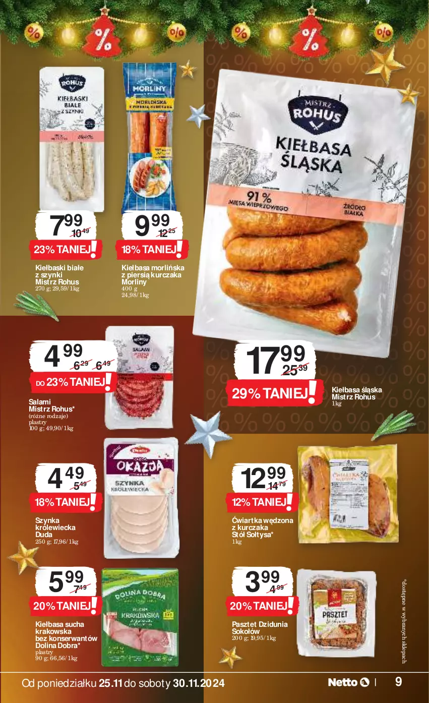 Gazetka promocyjna Netto - Od Poniedziałku - ważna 25.11 do 30.11.2024 - strona 9 - produkty: Duda, Kiełbasa, Kiełbasa śląska, Kiełbaski białe, Kurczak, Morliny, Pasztet, Salami, Ser, Sok, Sokołów, Stół, Szynka