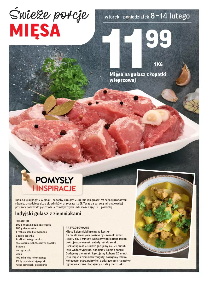 Gazetka promocyjna Intermarche - Gazetka promocyjna - ważna 08.02 do 14.02.2022 - strona 16 - produkty: Cebula, Czosnek, Imbir, Kokos, Mięso, Mięso na gulasz, Mleko, Mleko kokosowe, Natka pietruszki, Nuty, Olej, Por, Sól, Tera, Woda, Ziemniaki