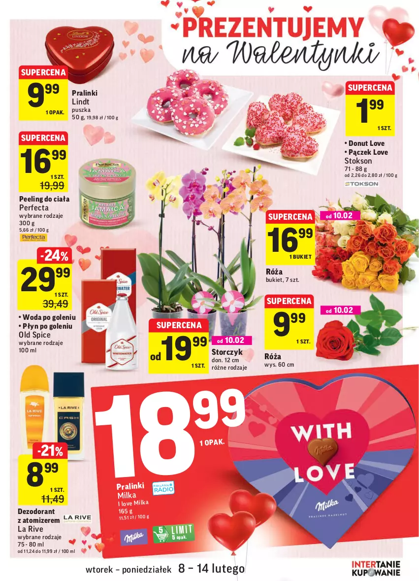 Gazetka promocyjna Intermarche - Gazetka promocyjna - ważna 08.02 do 14.02.2022 - strona 9 - produkty: Bukiet, Dezodorant, Donut, La Rive, Lindt, Milka, Old Spice, Pączek, Peeling, Perfecta, Róża, Storczyk, Woda, Woda po goleniu