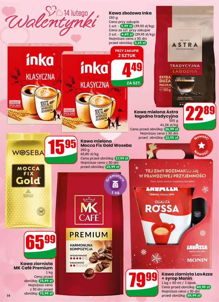 Gazetka promocyjna Dino - Gazetka 07 / 2026 - ważna 11.02 do 17.02.2026 - strona 14 - produkty: Inka, Kawa, Kawa mielona, Kawa zbożowa, Kawa ziarnista, Lavazza, Mocca Fix Gold, Syrop, Woseba