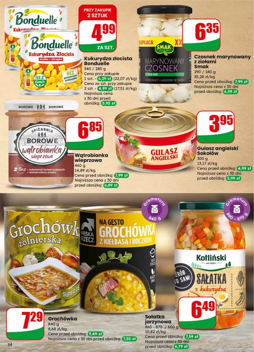 Gazetka promocyjna Dino - Gazetka 07 / 2026 - ważna 11.02 do 17.02.2026 - strona 34 - produkty: Bianka, Bonduelle, Czosnek, Groch, Kukurydza, Sałat, Sałatka, Sok, Sokołów