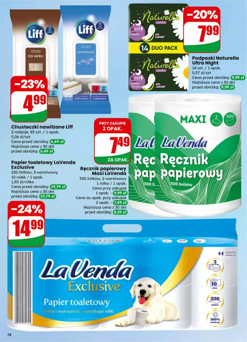 Gazetka promocyjna Dino - Gazetka 07 / 2026 - ważna 11.02 do 17.02.2026 - strona 74 - produkty: Chusteczki, Naturell, Naturella, Papier, Papier toaletowy, Podpaski, Ręcznik