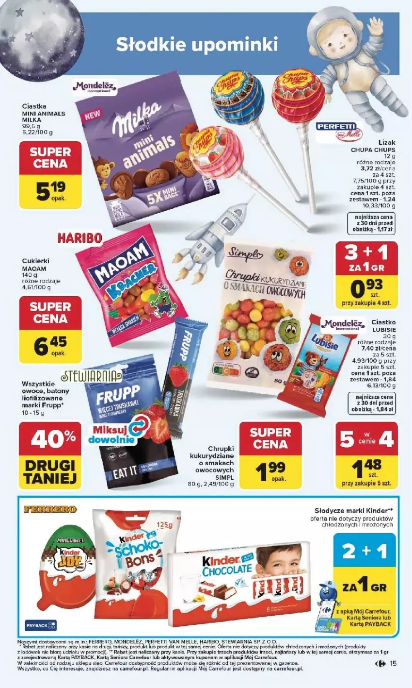 Gazetka promocyjna Carrefour - Gazetka Carrefour, Market od poniedziałku! - ważna 25.05 do 30.05.2026 - strona 17 - produkty: Baton, Chrupki, Chupa Chups, Ciastka, Cukier, Cukierki, Ferrero, Haribo, Kinder, Lubisie, Milka, Owoce