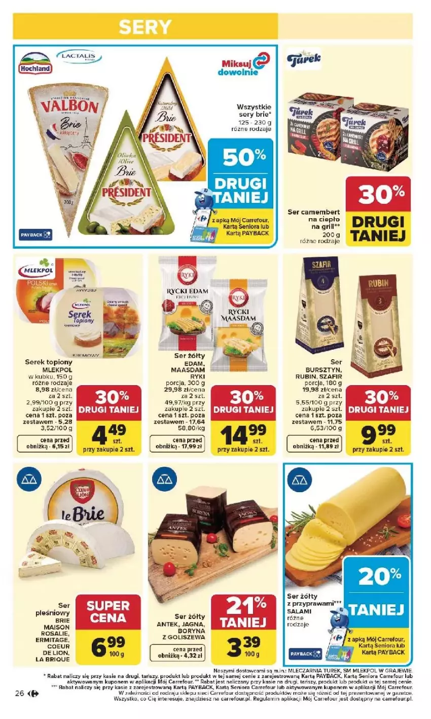 Gazetka promocyjna Carrefour - Gazetka Carrefour, Market od poniedziałku! - ważna 25.05 do 30.05.2026 - strona 28 - produkty: Bursztyn, Camembert, Edam, Fa, Gra, Grill, Lion, Maasdam, Por, Rycki Edam, Salami, Ser, Serek, Top