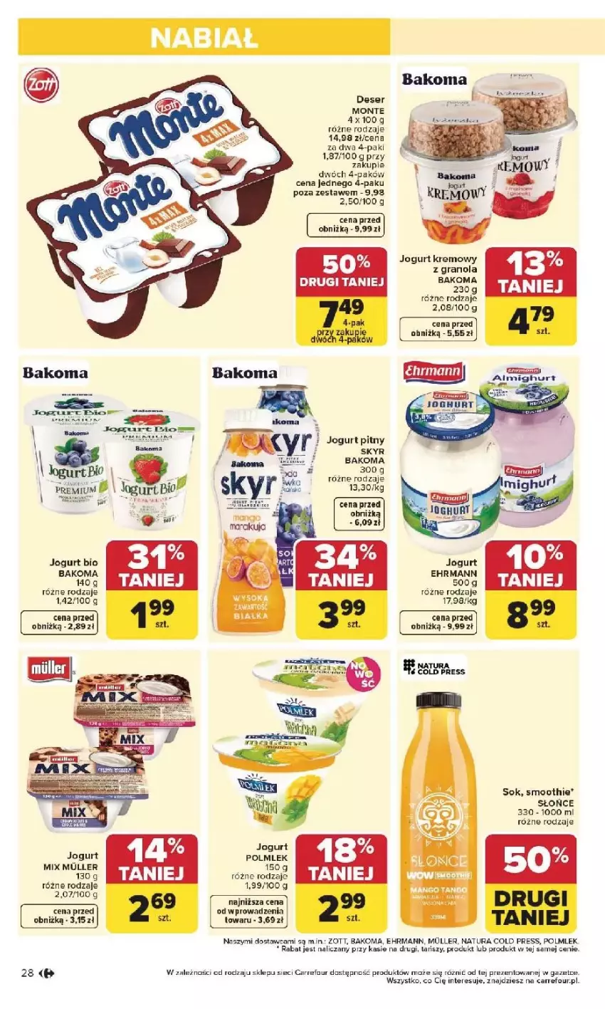 Gazetka promocyjna Carrefour - Gazetka Carrefour, Market od poniedziałku! - ważna 25.05 do 30.05.2026 - strona 30 - produkty: Bakoma, Deser, Gra, Granola, Jogurt, Jogurt pitny, Monte, POLMLEK, Ser, Smoothie, Sok, Zott
