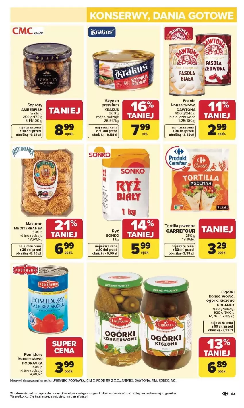 Gazetka promocyjna Carrefour - Gazetka Carrefour, Market od poniedziałku! - ważna 25.05 do 30.05.2026 - strona 35 - produkty: Dawtona, Fa, Fasola, Krakus, Makaron, Ogórki konserwowe, Olej, Podravka, Pomidory, Ryż, Ser, Sonko, Szprot, Szynka, Tortilla