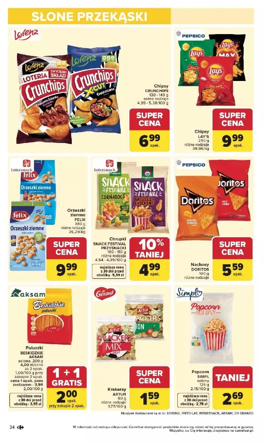 Gazetka promocyjna Carrefour - Gazetka Carrefour, Market od poniedziałku! - ważna 25.05 do 30.05.2026 - strona 36 - produkty: Aksam, Artur, Beskidzki, Chipsy, Chrupki, Crunchips, Felix, Gra, Krakersy, Lorenz, Orzeszki, Orzeszki ziemne, Pepsi, Popcorn, Por, Przysnacki
