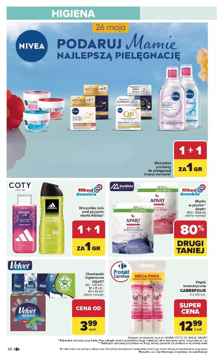 Gazetka promocyjna Carrefour - Gazetka Carrefour, Market od poniedziałku! - ważna 25.05 do 30.05.2026 - strona 42 - produkty: Adidas, Chusteczki, Fa, Mydło, Mydło w płynie, Nivea, Pur, Velvet, Wiko