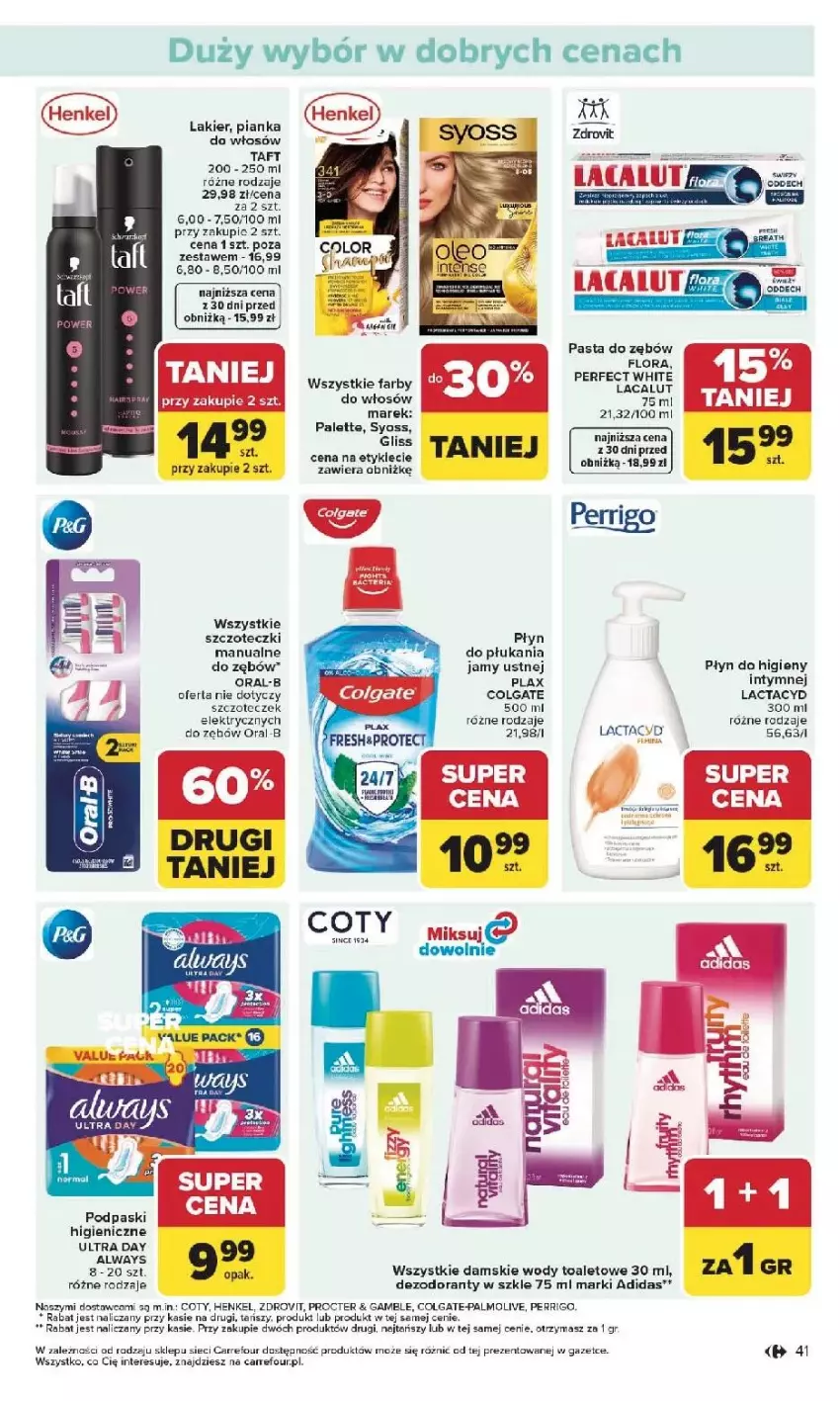 Gazetka promocyjna Carrefour - Gazetka Carrefour, Market od poniedziałku! - ważna 25.05 do 30.05.2026 - strona 43 - produkty: Adidas, Always, BIC, Colgate, Fa, Flora, Lacalut, Lactacyd, Lakier, LG, Palette, Pasta do zębów, Syoss, Taft