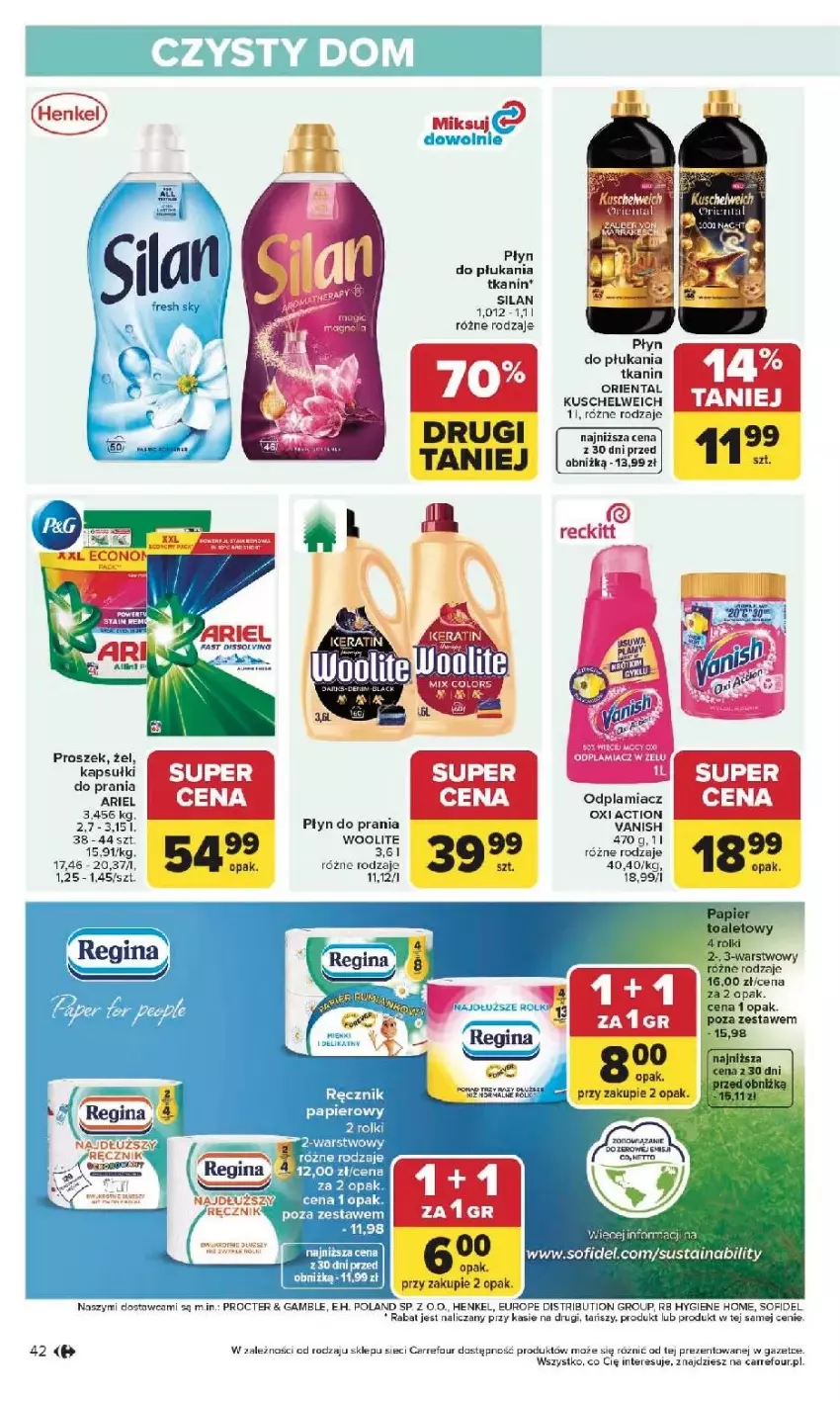 Gazetka promocyjna Carrefour - Gazetka Carrefour, Market od poniedziałku! - ważna 25.05 do 30.05.2026 - strona 44 - produkty: Ariel, Fa, Odplamiacz, Papier, Płyn do płukania, Płyn do prania, Rolki, Silan, Vanish, Woolite