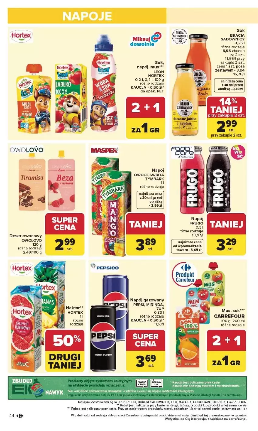 Gazetka promocyjna Carrefour - Gazetka Carrefour, Market od poniedziałku! - ważna 25.05 do 30.05.2026 - strona 46 - produkty: Deser, Deser owocowy, Hortex, Koc, Leon, Mirinda, Mus, Napój, Napój gazowany, Nektar, Owoce, Pepsi, Ser, Sok, Tymbark