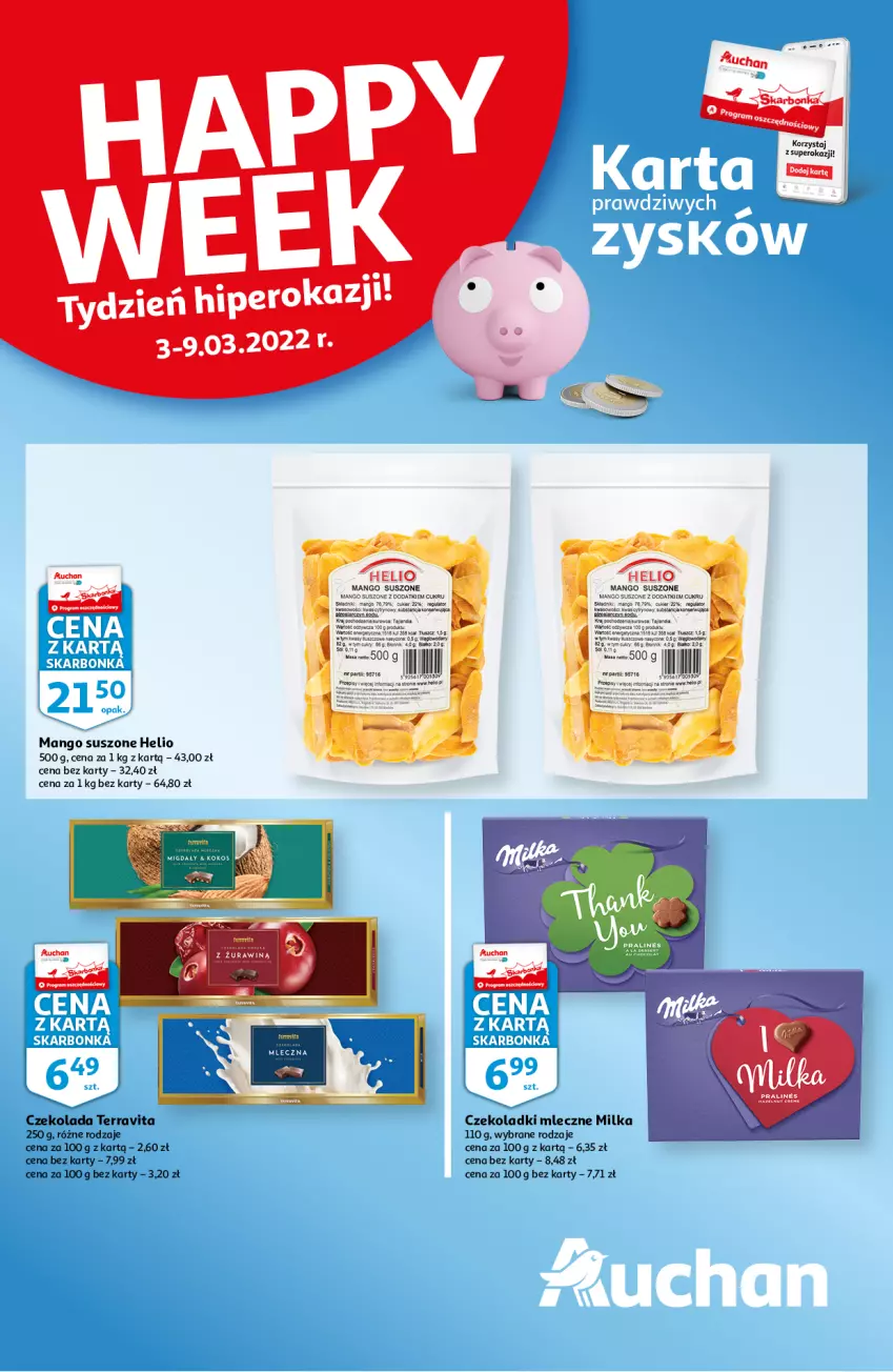 Gazetka promocyjna Auchan - Skarbonka #9 - ważna 03.03 do 09.03.2022 - strona 1 - produkty: Czekolada, Helio, Mango, Mango suszone, Milka, Woda